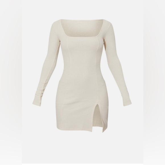 Prettylittlething - Cream Rib Split Hem Square Neck Dress - Picture 4 of 5